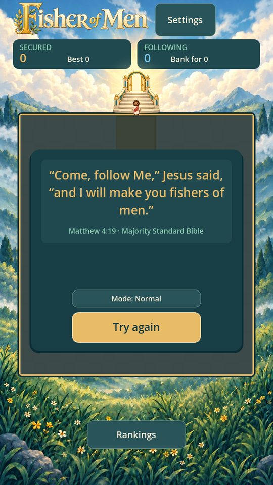 Fisher of Men: after a run, Matthew 4:19 appears on screen